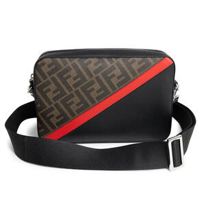 Fendi Diagonal Camera Case Zucca Canvas Leather Brown Red Shoulder Bag